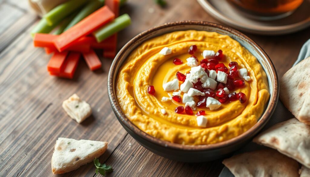 butternut hummus with feta and pomegranate