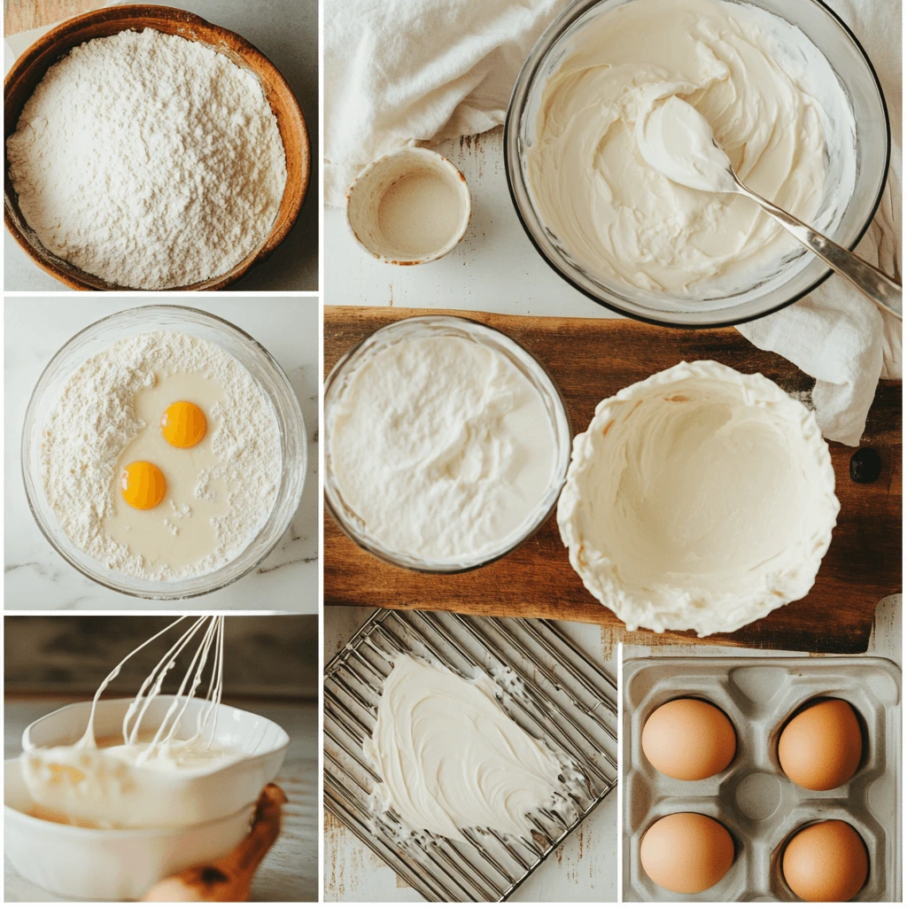 Step-by-step process of making a kefir sheet cake, including sifting flour, mixing wet and dry ingredients, and a baked cake cooling on a wire rack.