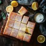 Freshly baked easy kefir sheet cake with citrus slices and a bowl of kefir on a rustic wooden table, ready to be served as a delicious dessert.