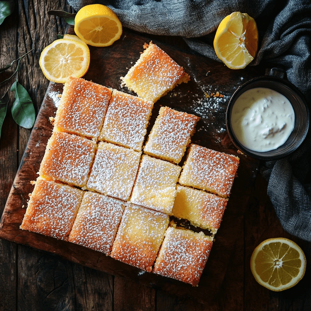 Freshly baked easy kefir sheet cake with citrus slices and a bowl of kefir on a rustic wooden table, ready to be served as a delicious dessert.